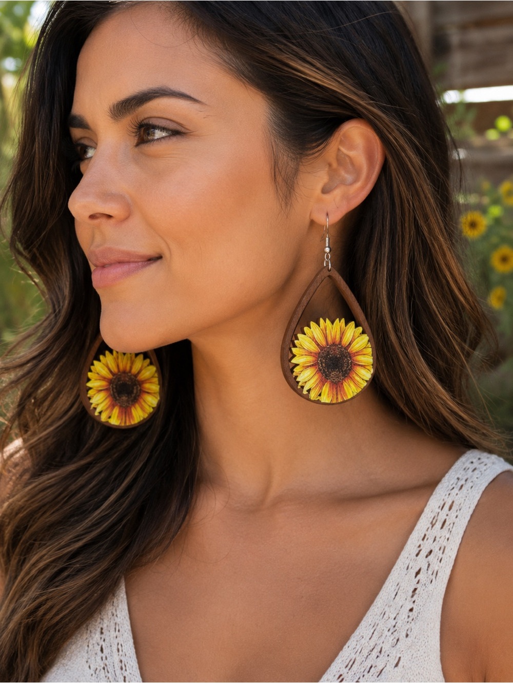 Boho Wooden sunflower Drop Earrings Teardrop Western NWOT